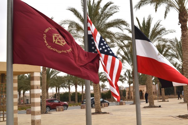 The AUC, US and Egyptian flags were mistakenly flown upside down Wednesday morning [FARAH ABDELKADER]