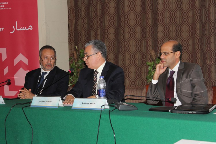 Baseera Director Maged Osman, far left, says polling empowers the citizenry. He is flanked by moderator Saeed Al-Masry and researcher Mazen Hassan [Azmy]